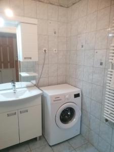 ハイドゥソボスローにあるSzabo Laszlo Apartmanの洗面台の隣のバスルーム(洗濯機付)