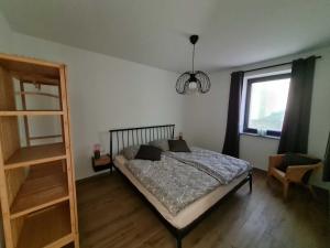 a bedroom with a bed and a book shelf at Ruegen Ferienhaus 300 in Sehlen