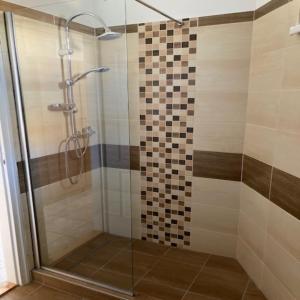 a shower with a glass door and a tiled wall at Pegazus Vendégház in Hajdúszoboszló +26 photos