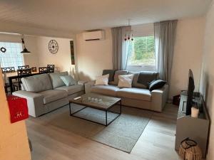 ein Wohnzimmer mit einem Sofa und einem Couchtisch in der Unterkunft Asserbostugan in Överlida