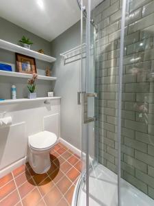 a bathroom with a toilet and a glass shower at Little Dene Lodge in Pakenham