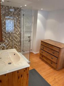 ein Bad mit einem Waschbecken und einer Glasdusche in der Unterkunft Kleines, gemütliches Haus in Bonn in Bonn
