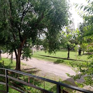 un parque con un árbol y una valla en Cabaña Los Pinos en Villa Icho Cruz