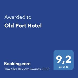 Un certificat, premiu, logo sau alt document afișat la Old Port Hotel