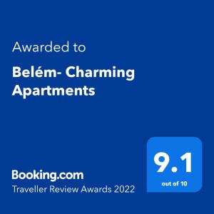 Sertifikāts, apbalvojums, norāde vai cits dokuments, kas ir izstādīts apskatei naktsmītnē Belém- Charming Apartments