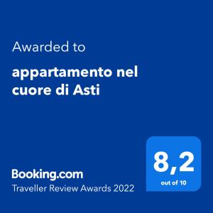 Certificat, récompense, panneau ou autre document affiché dans l'établissement appartamento nel cuore di Asti