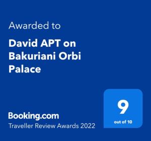 Majutusasutuses David APT on Bakuriani Orbi Palace olev sertifikaat, autasu, silt või muu dokument