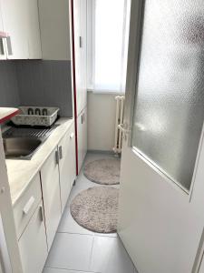 奧西耶克的住宿－La bella casa，厨房配有白色橱柜和一扇带2个地毯的门