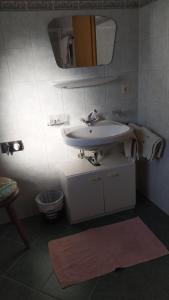 a bathroom with a sink and a mirror and a rug at Aue, Ferienwohnung in Tux