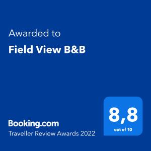 Certifikát, hodnocení, plakát nebo jiný dokument vystavený v ubytování Field View B&B