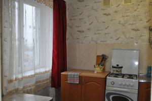 eine kleine Küche mit einem Herd und einem Fenster in der Unterkunft Apartment near the bus station in Kremenchuk in Krementschuk
