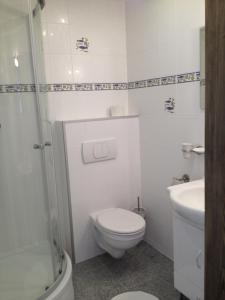 a white bathroom with a toilet and a sink at Gutshof Dragefeld in Krzyż