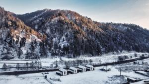 a snow covered mountain with houses in front of it at Complex Lunlo Village in Brezoi
