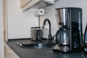 - un comptoir de cuisine avec une cafetière et un mixeur dans l'établissement Altstadtidyll 60qm - Central - Parking - Washer, à Haldensleben