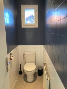 een badkamer met een toilet en een raam bij Gîte partagé in Tresserves