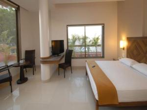 a bedroom with a bed and a desk and a television at Sai Palace Budget Hotel in Shirdi