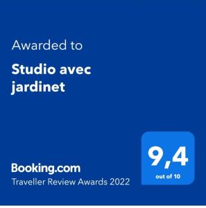 Certificat, premi, rètol o un altre document de Studio avec jardinet clim parking