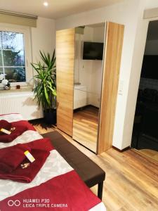 - une chambre avec un lit et un grand miroir dans l'établissement Studio Edeltraud zentral, à Wernigerode