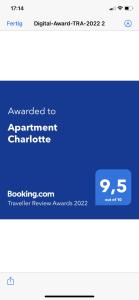 une capture d’écran d’un certificat de nomination sur un site internet dans l'établissement Apartment Charlotte, à Zirkow