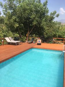 una piscina con un ponte di legno e un albero di Villa Bonaccorso - antica e maestosa villa con piscina ai piedi dell'Etna a Viagrande