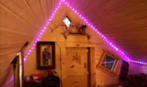 una cadena de luces púrpuras en el techo de una cabina en Acorn Glade Glamping, en York