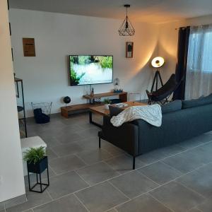 salon z kanapą i telewizorem z płaskim ekranem w obiekcie Le Domaine Vesque. Le LOFT w mieście Saint-Pierre-de-Clairac