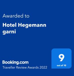 Certifikát, hodnocení, plakát nebo jiný dokument vystavený v ubytování Hotel Hegemann garni