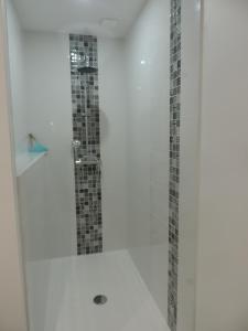 a bathroom with a shower with a glass door at Le Domaine Vesque.Le COSY in Saint-Pierre-de-Clairac