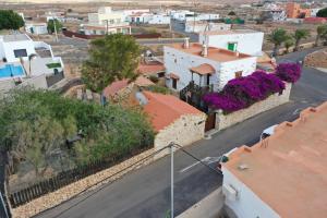 une vue aérienne sur une ville avec des bâtiments et des fleurs violettes dans l'établissement Casa Rural Tamasite, à Tuineje