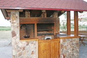 a outdoor kitchen with a brick oven with a roof at Hanu lui Gica in Satu Mare