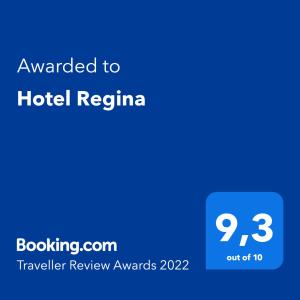 Ett certifikat, pris eller annat dokument som visas upp på Hotel Regina