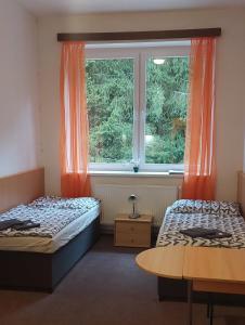 2 camas en una habitación con una ventana con cortinas naranjas en Apartmán NOVOHRADKY 22 en Benešov nad Černou