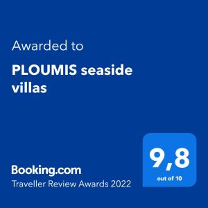 PLOUMIS seaside villas tesisinde sergilenen bir sertifika, ödül, işaret veya başka bir belge