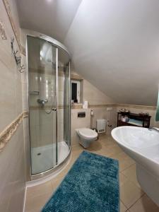 a bathroom with a shower and a toilet and a sink at Comfort Zone Ostróda BLUE in Grabinek