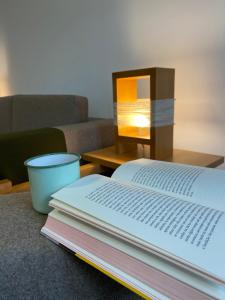 a stack of books sitting on a table with a lamp at Casa de São Marcos in Manteigas