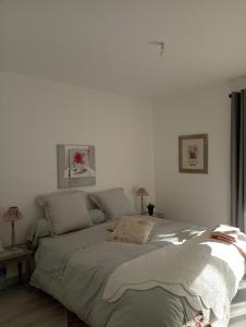 a bedroom with a large bed in a white room at Maison neuve et chaleureuse in Morcenx
