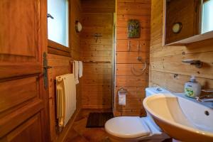 La salle de bains est pourvue de toilettes et d'un lavabo. dans l'établissement Le Chalet Bonheur, à Lathuile