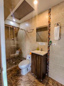 a bathroom with a toilet and a sink and a shower at Hotel Boutique Palmas de Salento in Salento