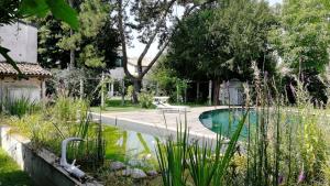 a swimming pool in a yard with trees and plants at B&B Le Tortore in Melara
