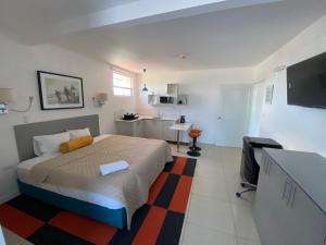 a bedroom with a bed and a television in it at Apartahotel Altos de la Sabana in San José
