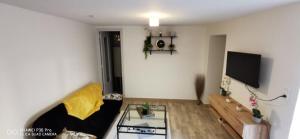 ein Wohnzimmer mit einem Sofa und einem Flachbild-TV in der Unterkunft Appartement Cosy au cœur de la Champagne in Cramant