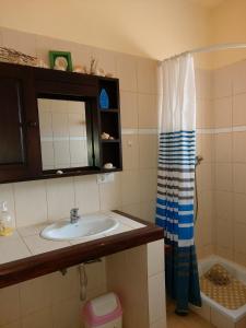 a bathroom with a sink and a shower curtain at Barracudamaio in Morro