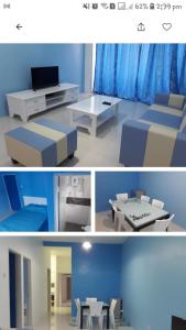 two pictures of a blue room with a bed and a table at The Sky - The Cave Guest House in Tanah Rata