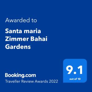 תעודה, פרס, שלט או מסמך אחר המוצג ב-Santa maria Zimmer Bahai Gardens