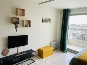 a living room with a tv and a large window at Spacieux studio sans vis à vis in Chelles