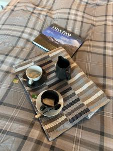 Muzzanoにあるcascina serra beb camera BIELMONTEのトレイ(コーヒー2杯付)、ベッド上の本