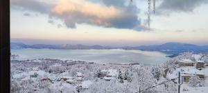 a view of a lake with snow covered trees and houses at Archontiko Zakoni in Neochori