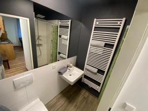 een badkamer met een wastafel en een spiegel bij Living8-Appartements in Bad Ischl