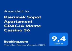 Certifikát, ocenenie alebo iný dokument vystavený v ubytovaní Kierunek Sopot Apartament GRACJA Monte Cassino 36
