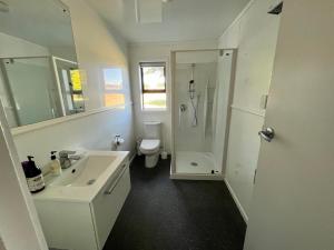 a bathroom with a sink and a shower and a toilet at Opera House Beside the Lake in Lake Tekapo +4 photos